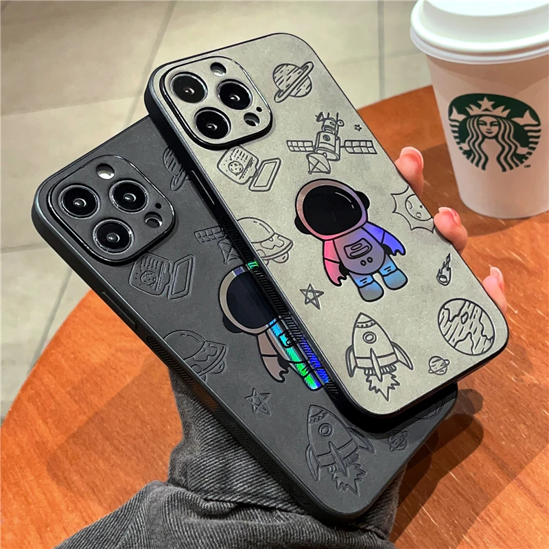 

Luxury Sheep Leather Case For iPhone 14 13 12 11 Pro Max Plus X XS XR 7 8 Shock Proof Full Protector Laser Astronaut Cover Cases