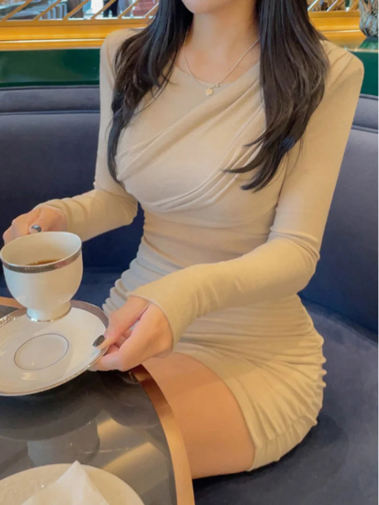 

Новое приталенное корейское платье TVVOVVIN с высокой талией, облегающее осеннее мини-платье с длинным рукавом, элегантные женские модные милы...