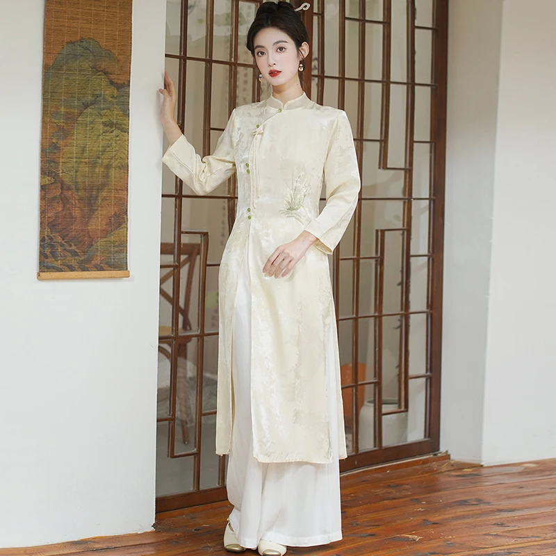 Новая китайская одежда для чая дзен женское платье Ao Dai комплект из двух