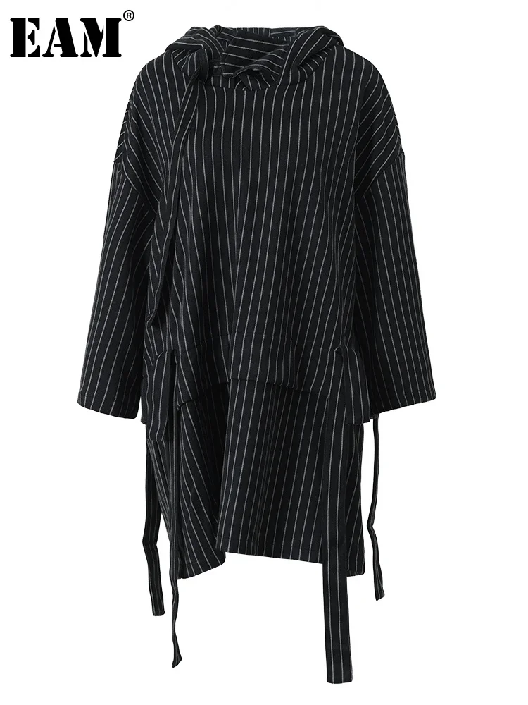 

[EAM] Black Striped Ribbon Sweatshirt New Hooded Three-quarter Sleeve Women Big Size Fashion Tide Spring Autumn 2023 1DF4391