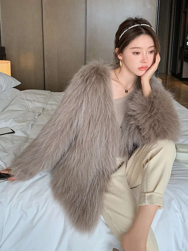 2023 Winter Natural Raccoon Style Real Raccoon Fur Woven Fur Coat Female Paragraph Fox Fur Long Sleeve Round Neck Winter New