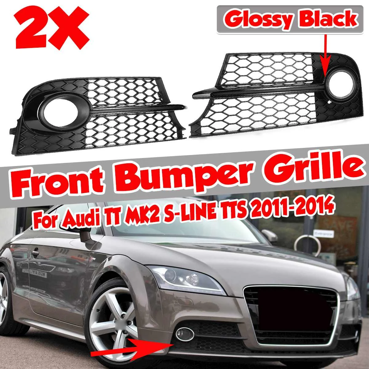 

New 2x RS Style Honeycomb Car Front Fog Light Grille Cover Fog Lamp Grille For AUDI TT MK2 S-LINES TTS 2011-2014 8J0807681KT94