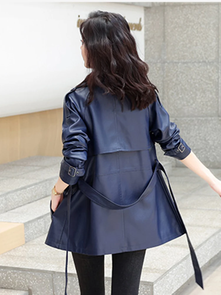 New Women Leather Trench Coat Spring Autumn Fashion Casual Long Sleeve Belt Short Sheepskin Coat All-Match Loose Outerwear