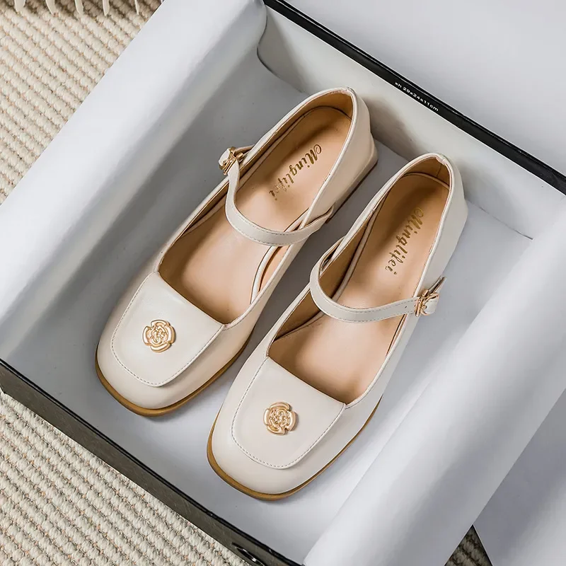 

Женские кожаные туфли, модель 2023 года, Весенняя модель, Повседневная Деловая обувь в Корейском стиле, с изображением Мэри Джейн, цветов, на высоком каблуке, большие размеры