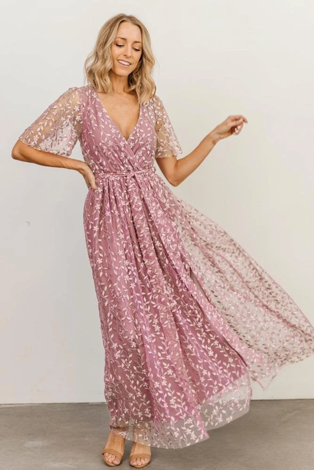 

Pink/Blue/Wine Embossed Wrap V Neck Maxi Dress Women Fashion Maxi Length with Slit Long Party Dresses