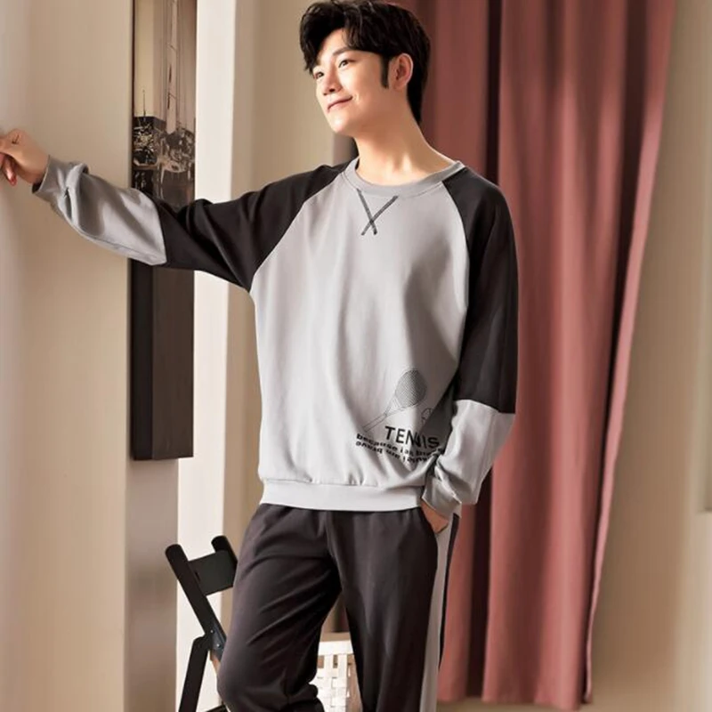 Men's Autumn Winter Cotton Pajamas Suit Letter Striped Sleepwear Casual Sleep&Lounge Pyjamas Pijama Home Clothes