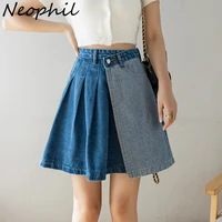 neophil women asymmetrical denim mini skirts korean style 2022 summer contrast pockets patchwork jean skater short skirt s220304