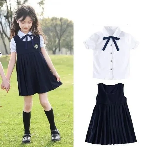 

2pcs 2023 summer Teens Girls boys Cloth Jk Uniform Bow white Blouse Shirt + dress Skirt or short pants children set korea school