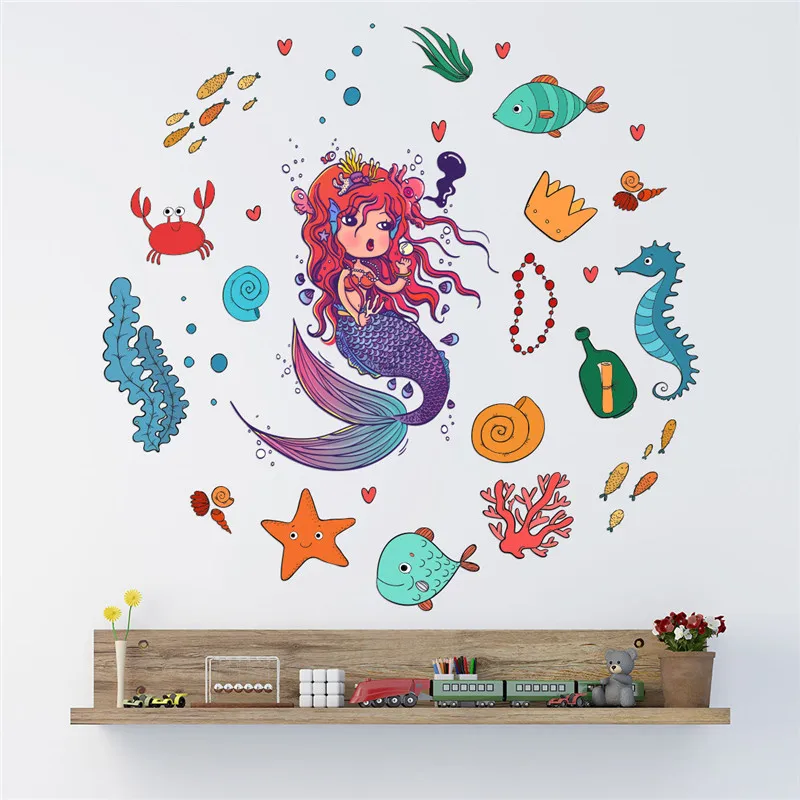 

Cartoon Underwater Girl Mermaid Fish Wall Sticker for Kids Rooms Wall Decal Mural Poster Art Girls Bedroom Decoracion Habitacion
