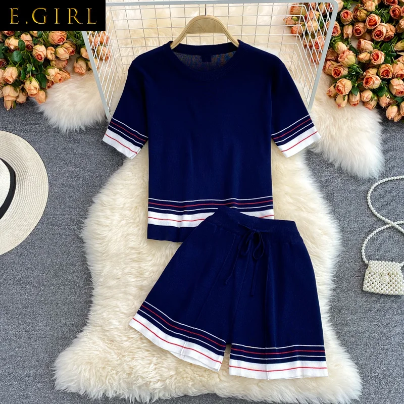 

Summer Tracksuits Womens Two Peices Set Leisure Outfits Knited T-shirts High Waist Shorts Black/White Color Clothing Suits