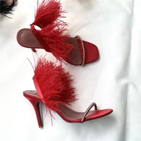 2022 european and american womens new summer feather rhinestone high heel sandals