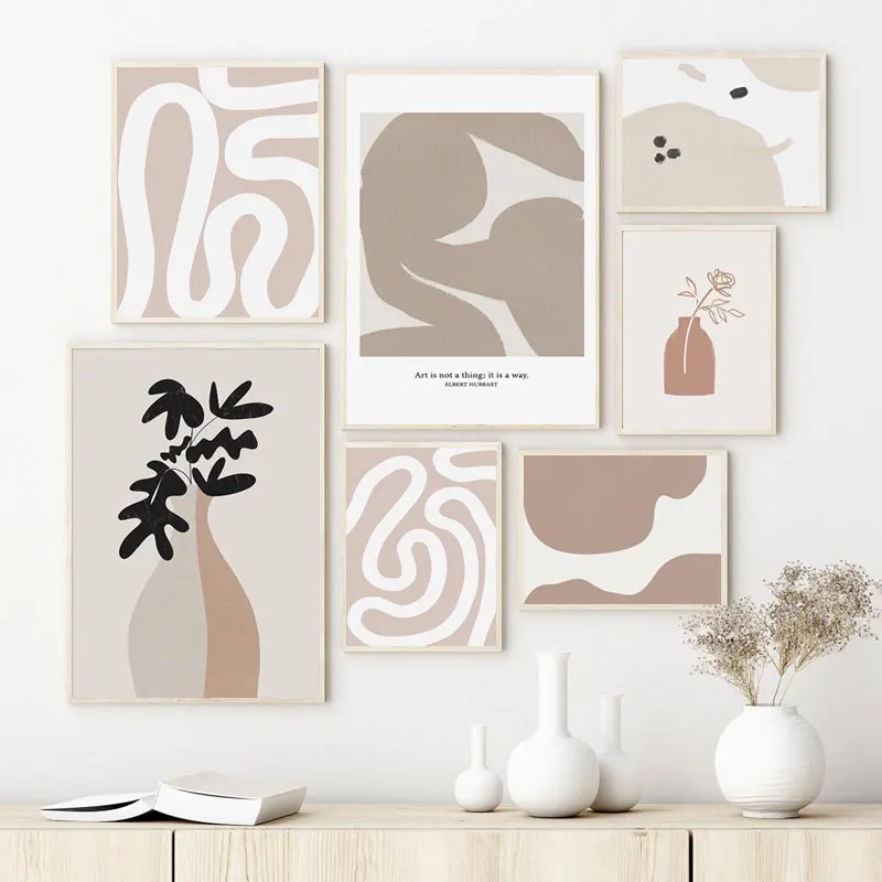 

Abstract Poster Beige Neutral Line Combination Art Print Shape Canvas Painting Vase Wall Art Pictures for Living Room Home Decor