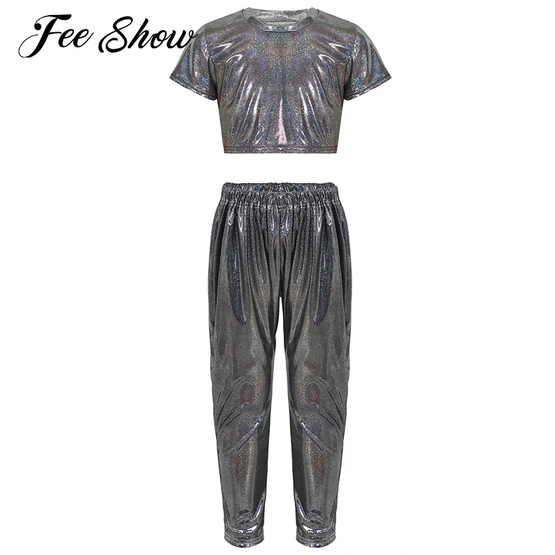 

Teenager Girls Boys Dance Outfits Tracksuits Gym Dance Training Sports Set Glittery Short Sleeve Crop Top with Harem Pants Suits