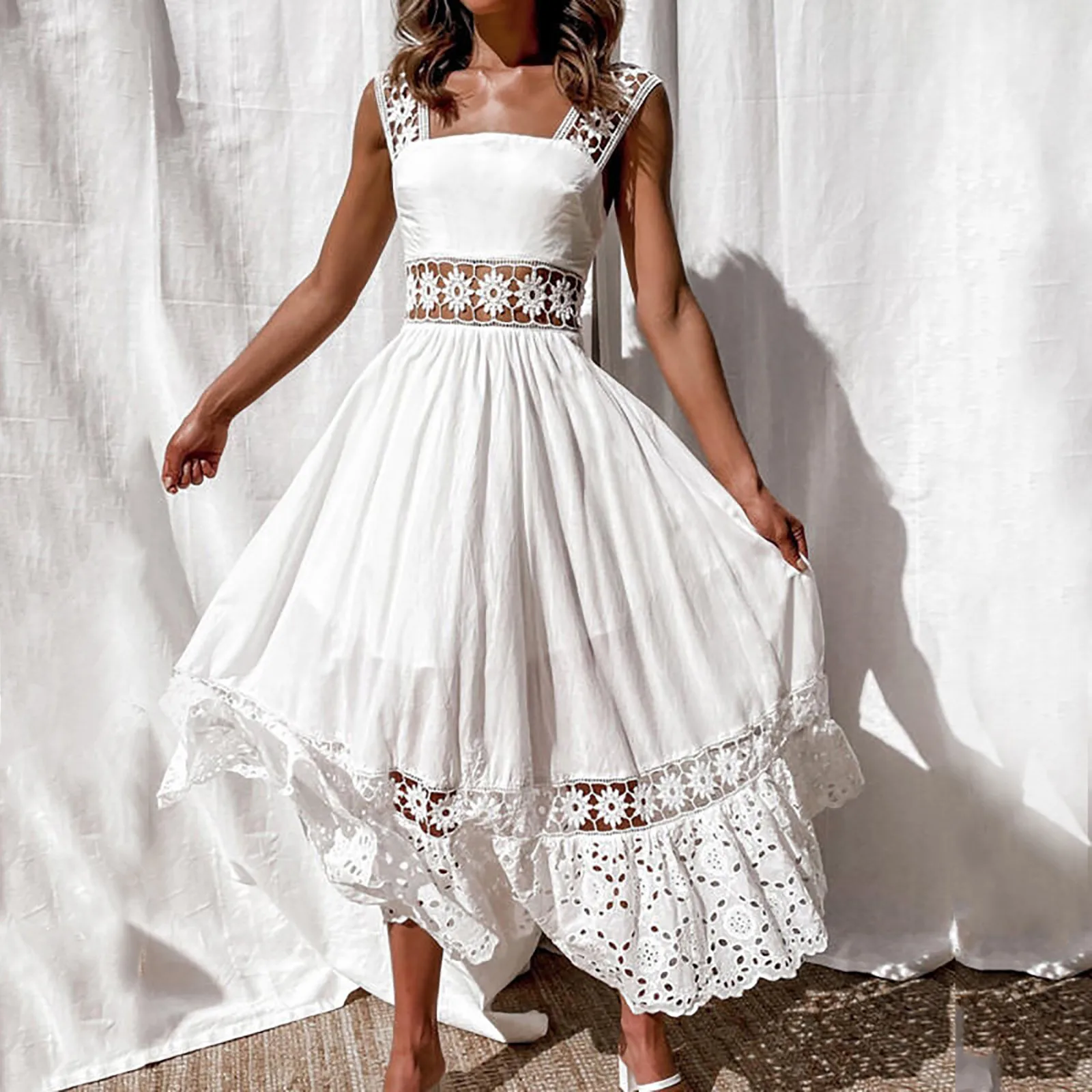 

2022 Summer Elegant Lace Dress Women Sexy Hollow Out White Dress Fashion Bridemaid Wedding Long Dress Ladies Backless Maxi Dress