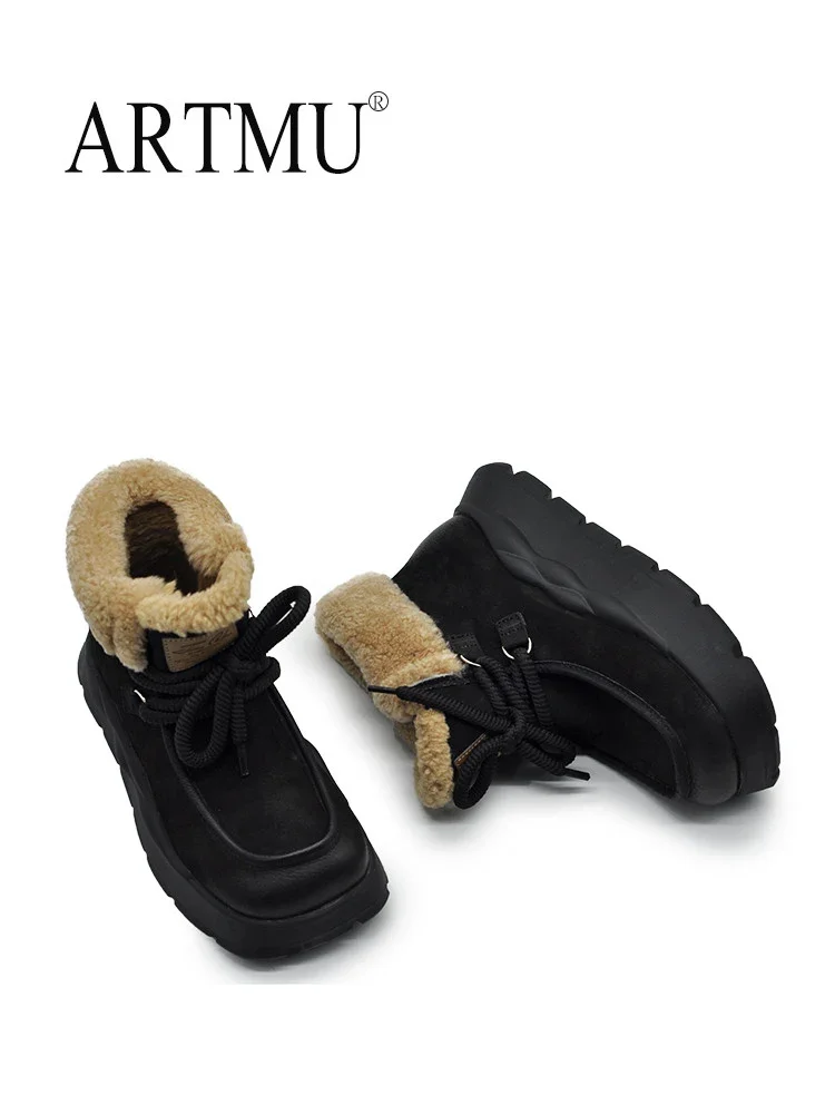 

Artmu зимние плюшевые женские зимние ботинки с квадратным носком на шнуровке на толстом каблуке короткие сапоги из натуральной кожи роскошные уличные ботильоны на плоской подошве