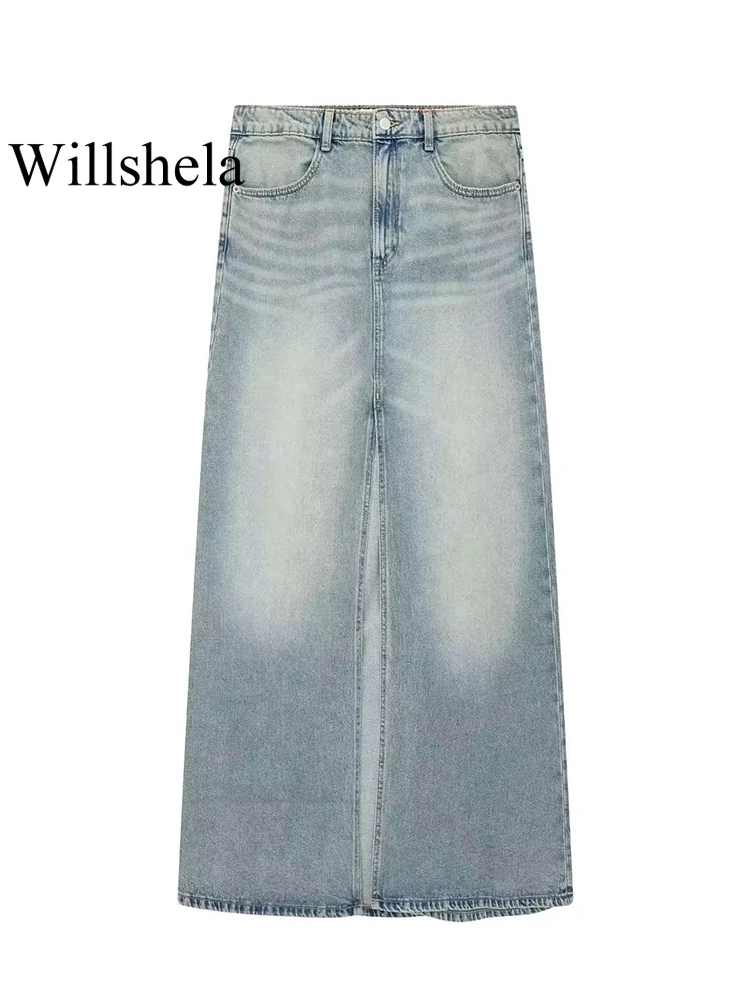 

Willshela Women Fashion Denim Blue Pleated Front Zipper Back Slit Midi Skirt Vintage High Waist Female Chic Lady Skirt