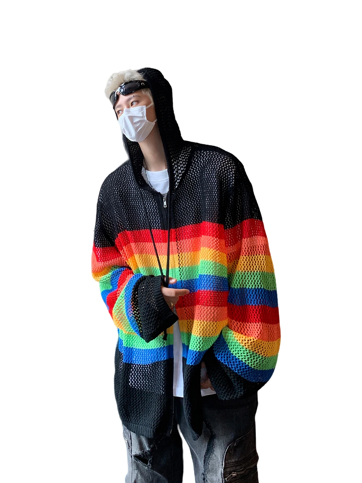 Spring and Autumn American Contrast Color Hollow out Hood Knitted Outerwear Men's Cleanfit Fashion Brand Couple Loose Cardiga... |