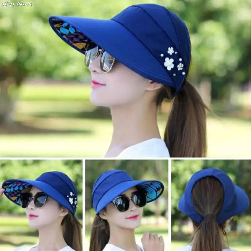 

1pc Summer Hats For Women Foldable Sun Hat Pearl Flower Visor Suncreen Floppy Cap Female Outdoor Casual Baseball Cap