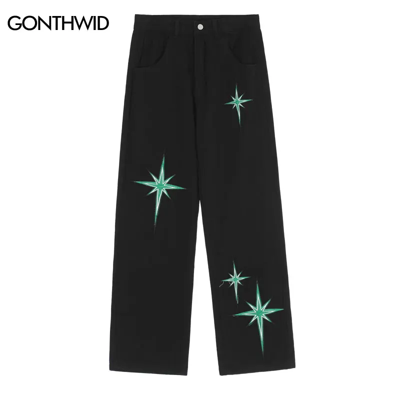 

Mens Jeans Pants Streetwear Hip Hop Vintage Embroidered Star Baggy Denim Pants 2022 Harajuku Causal High Waist Trousers Black