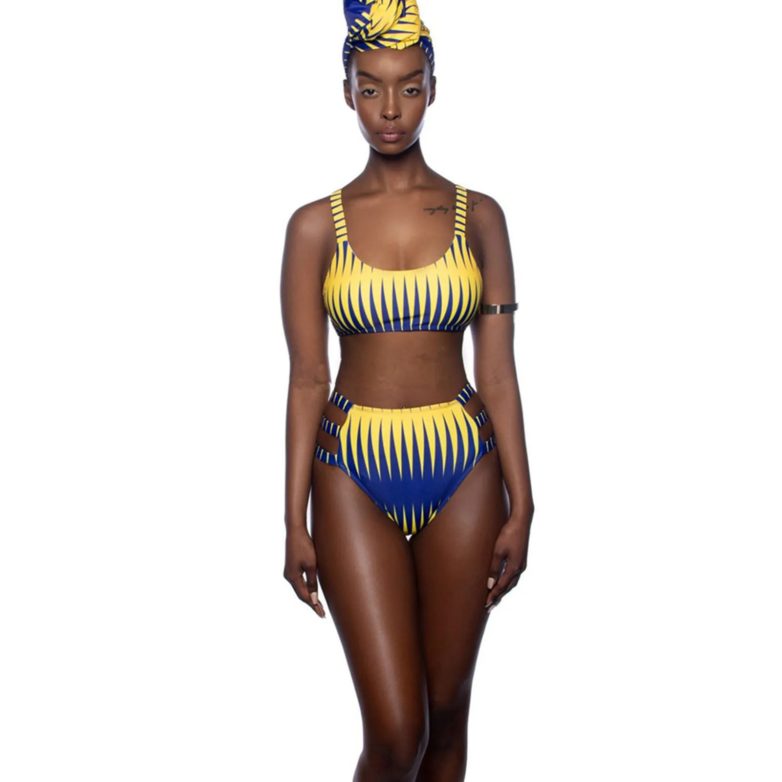 

Printing Stripe Waist High Jagged Women Split Swimsuit Bikini Swimwears Tankinis Set Swimwears brazilian panties