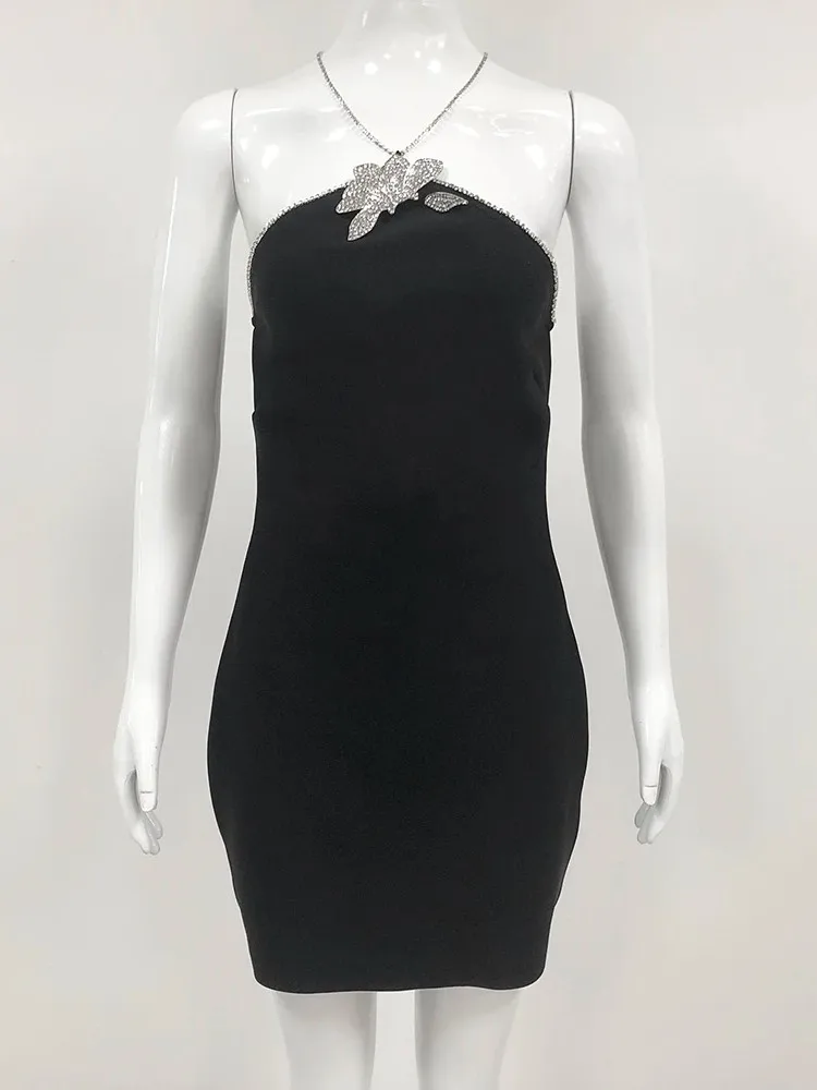 Женское облегающее мини-платье со стразами Элегантное Черное вечернее Клубное