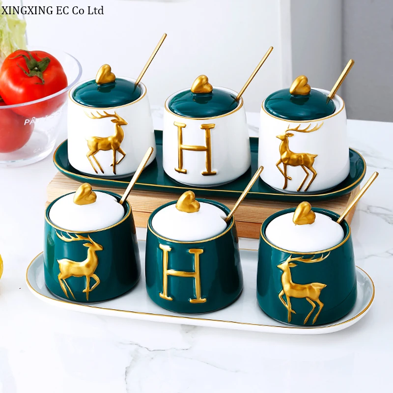 

300ml Ceramic Seasoning Pot Set Household Storage Pot Creative Cute Deer Seasoning Box Tray Golden Spoon Nordic Kitchen Supplies