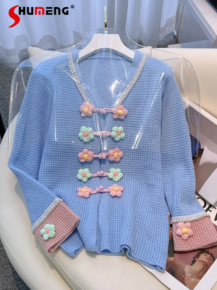 

Gentle Ladies Three-Dimensional Flower Beaded Buckle Blue Knitted Cardigan 2022 Autumn Winter New Sweet Sweater Coat for Women