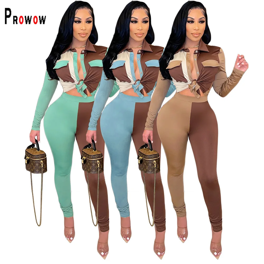 

Prowow Patchwork Color Women Clothing Set Long Sleeve Cropped Tops Skinny Sweatpant Two Piece Fall Suit Spring Female Streetwear