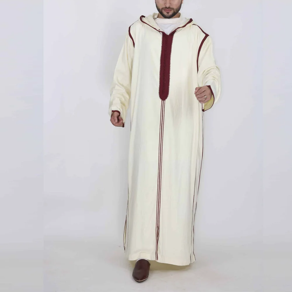Бежевая белая Арабская длинная Мужская рубашка с капюшоном, мусульманский костюм, традиционный мужской костюм с красной вышивкой и средним рукавом (приблизительно)