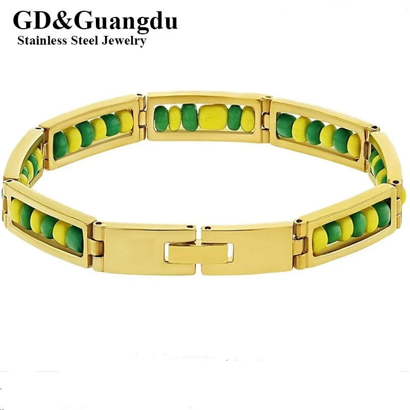 

2022 Wholesale New Stainless Steel Jewelry Green and Yellow Color Orula Bracelet Mix Beads Unisex Shango Ochun Bangle For Women