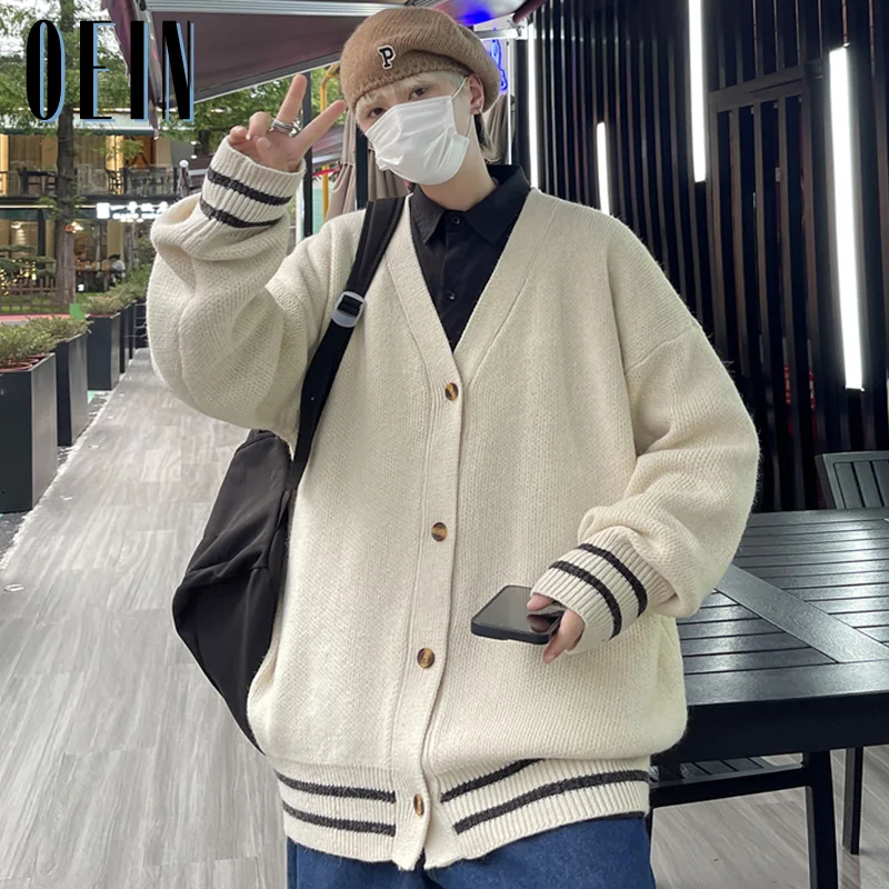 

OEIN Mens Vintage Cardigan Oversized Sweater 2022 New Harajuku Knitted Sweaters Pullover Hip Hop Streetwear Loose Knitwear Tops