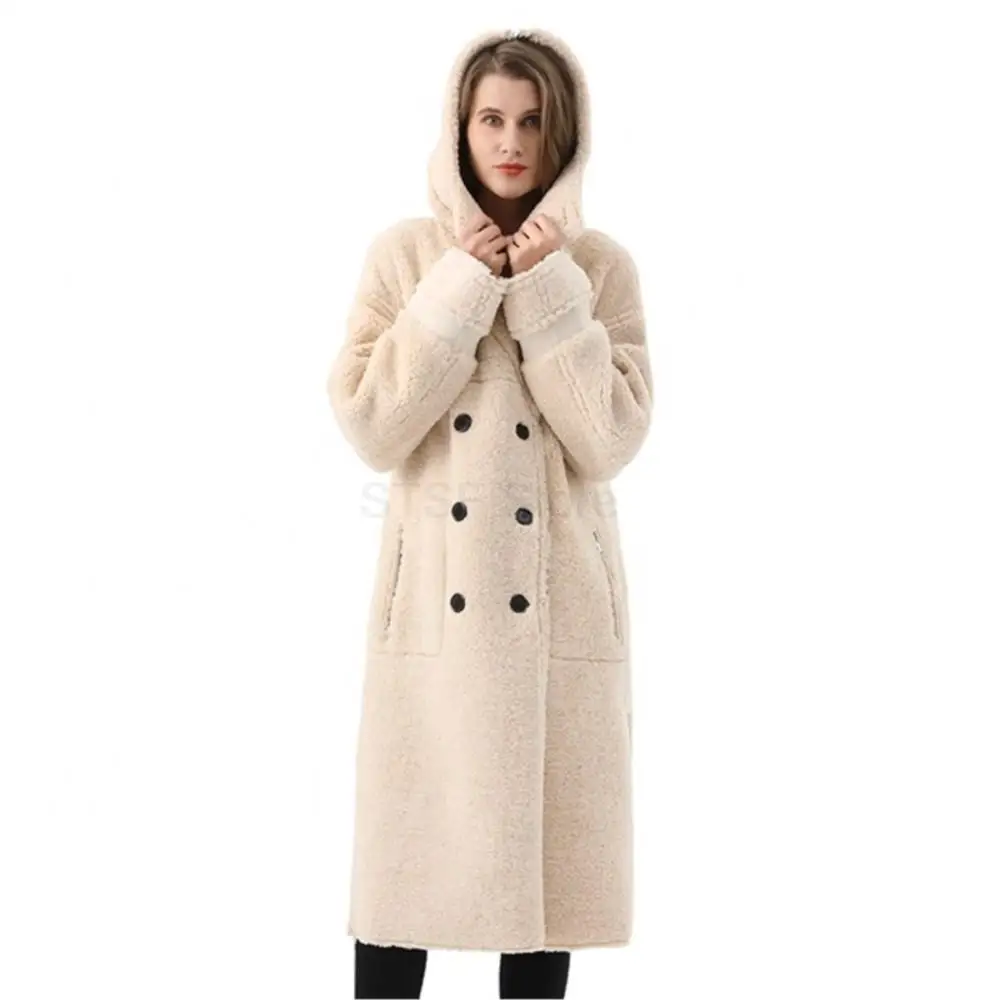 Women Winter Real Fur Suede double-breasted With Hood Coat  Long Teddy Fleece Pocket Jacket Thermal Zipper Belt Bondage Parka
