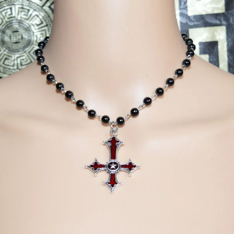 

Gothic Vampire Cross Charm Necklace for Women Mystery Pagan Witch Jewelry Accessories Gifts Goth Rosary Cross Pendant Choker