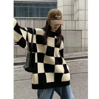 deeptown korean style vintage plaid oversize black sweater women streetwear harajuku crewneck jumper female pullover tops 2020