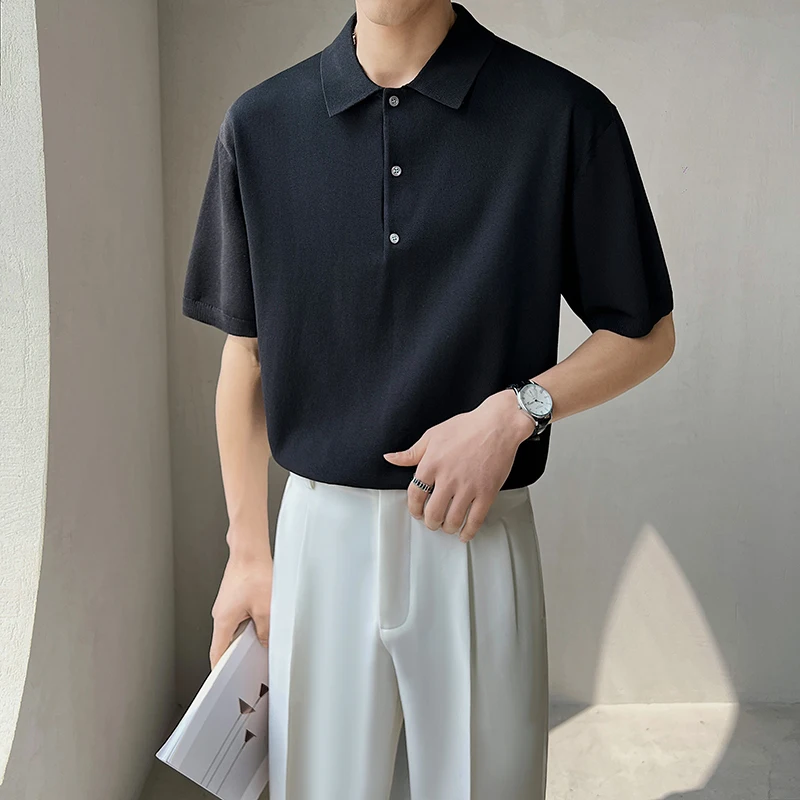 

2022 Solid Color Knitted Polo Shirts Men Summer Short Sleeve Lapel Tee Tops Casual Business Social Polos Streetwear Man Clothing