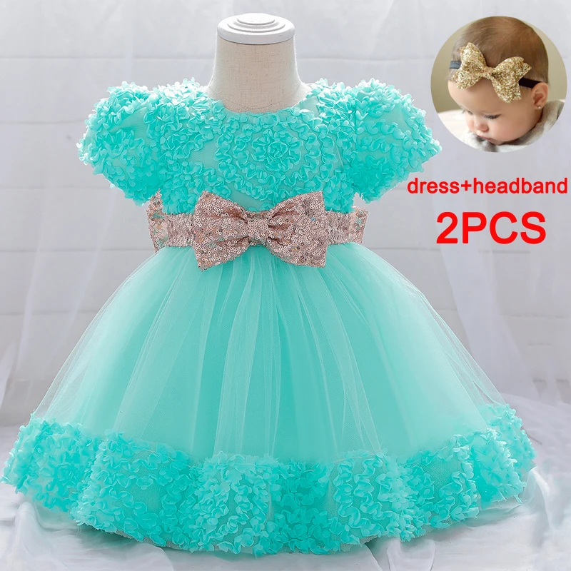 

2022 Big Bow 1st Birthday Dress For Baby Girl Clothes Sequin Princess Dress Wedding Dresses Child Clothing Party Evening Gown