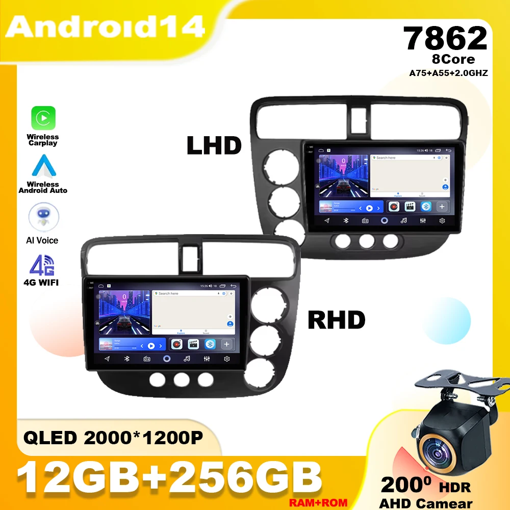 Android 14 для Honda Civic 2000-2006 LHD RHD Автомобильный радиоприемник Мультимедийный плеер