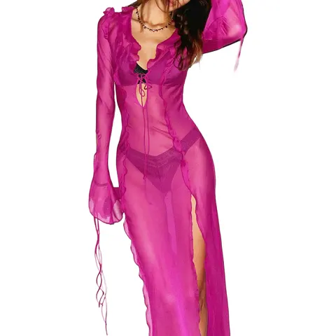 Женское сексуальное прозрачное Сетчатое облегающее платье с длинным рукавом и V-образным вырезом, прозрачное кружевное платье макси в стиле пэчворк