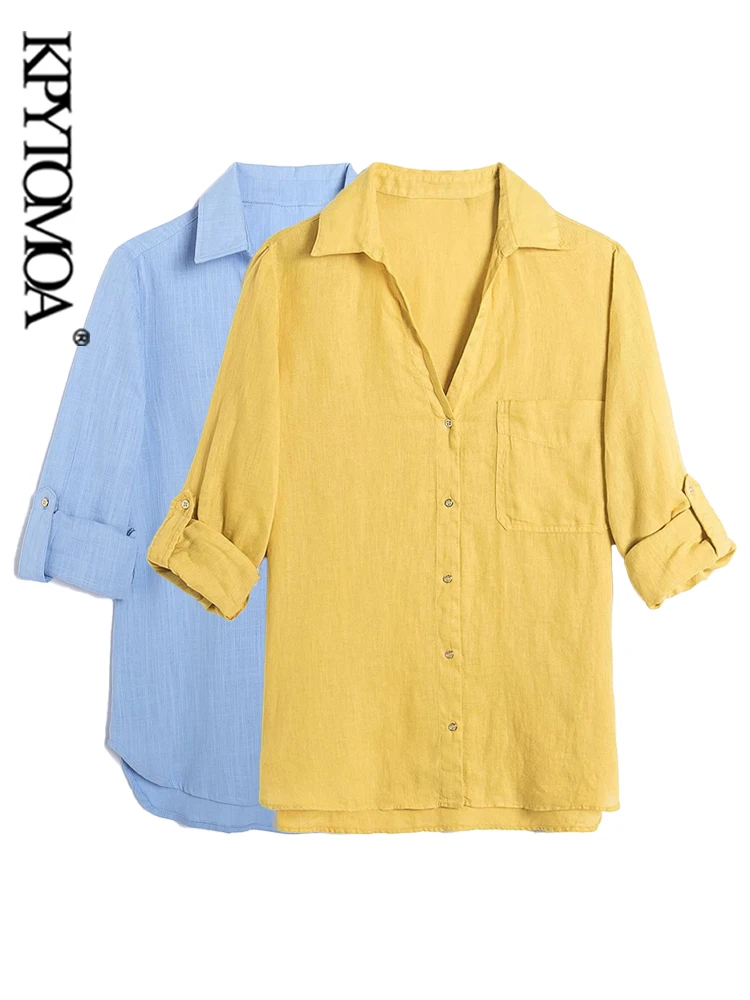 

KPYTOMOA Women Fashion Patch Pocket Loose Linen Shirts Vintage Long Turn-up Sleeves Button-up Female Blouses Blusas Chic Tops