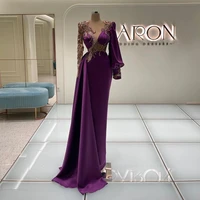 xijun gorgeous beading crystal purple satin mermaid evening dresses lace appliques long sleeves dubai women long prom gown 2022