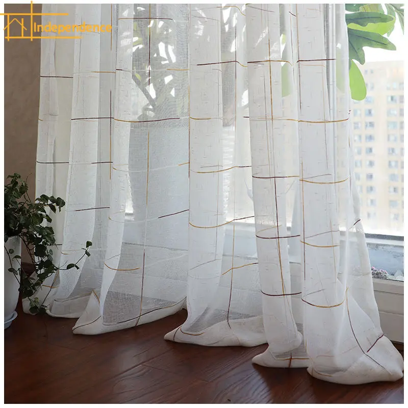 

Summer White Linen Gauze Window Screen Plaid Jacquard Curtains for Living Room Bedroom Balcony Bay Window Customization