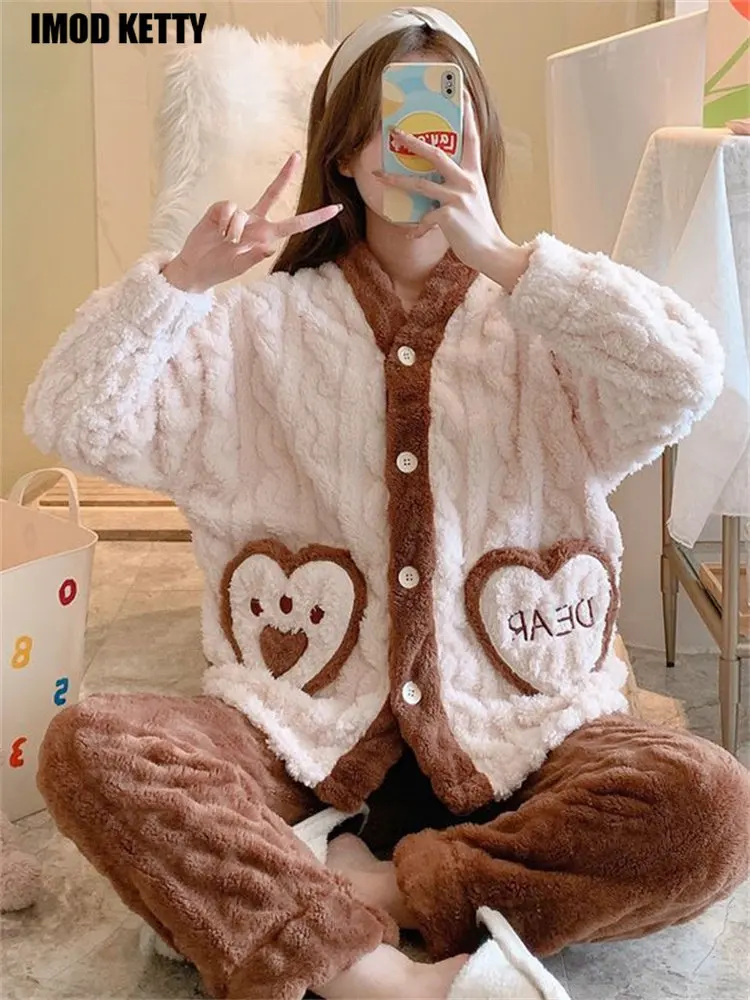 

2022 Winter Casual Pyjama Loose Home Wear Flannel Full Sleeve Pajamas Suit Women's Thicken Warm Nightwear Plush Lovely Sleepwear