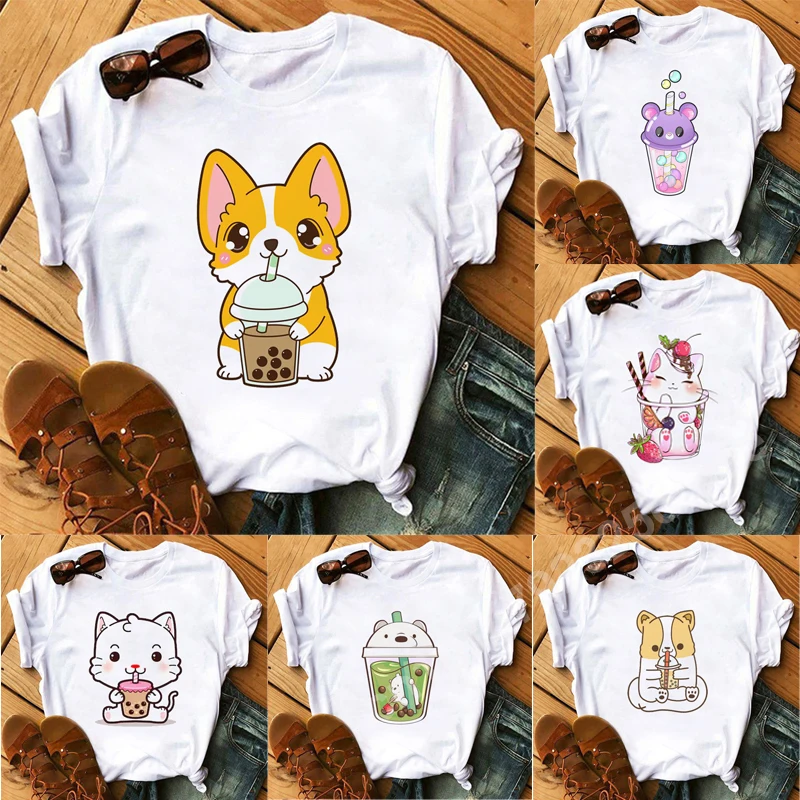 

Milk Tea Cartoon Panda T-Shirts Graphic Kawaii Women Summer Tops Ladies Casual Clothing Short Sleeve Harajuku Oversized T Shirt