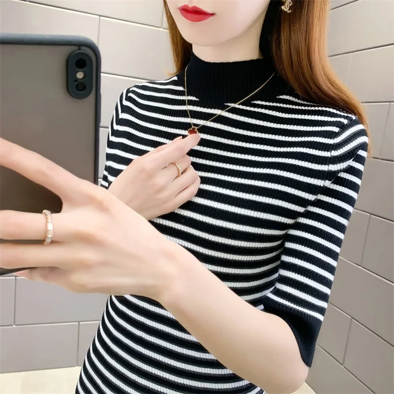 

Женский трикотажный пуловер в полоску, приталенный пуловер средней длины с высоким воротником и рукавами на весну и лето