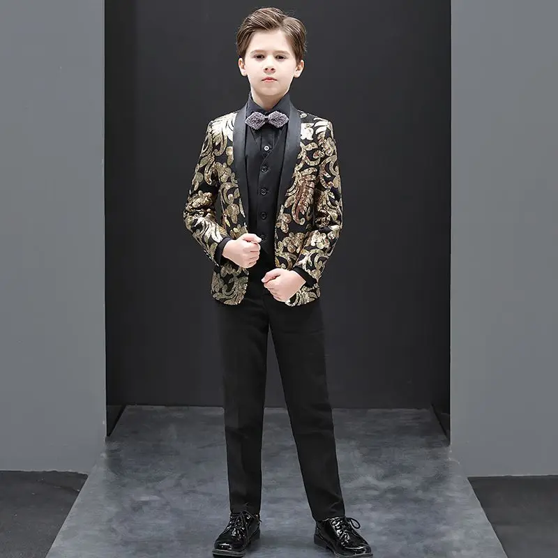 2022 Boy's Suits 3 Pieces Black Sequin Wedding Suits For Kid Shawl Lapel (Jacket+Pants+Vest) Children Formal Party Prom Wear