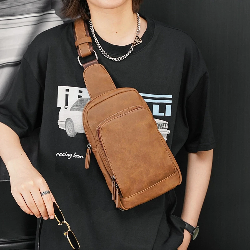 New Crazy Horse Leather Chest Bag Casual Korean One Shoulder Men's Backpack Crossbody Bag Large Capacity Soft Leather Bag