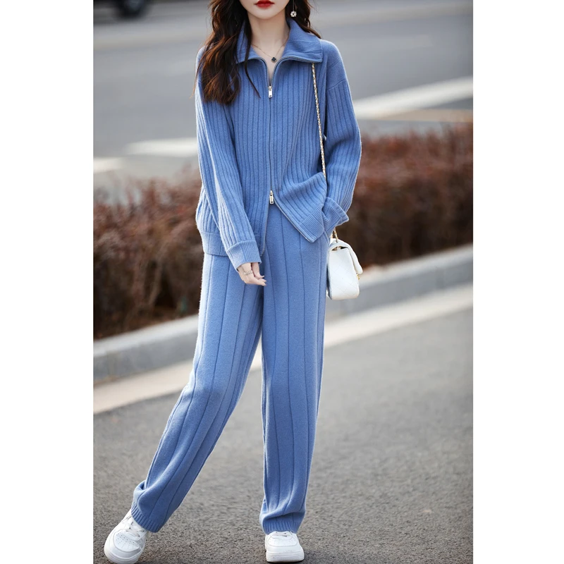 Женский Повседневный шерстяной вязаный комплект Кардиган с длинным рукавом