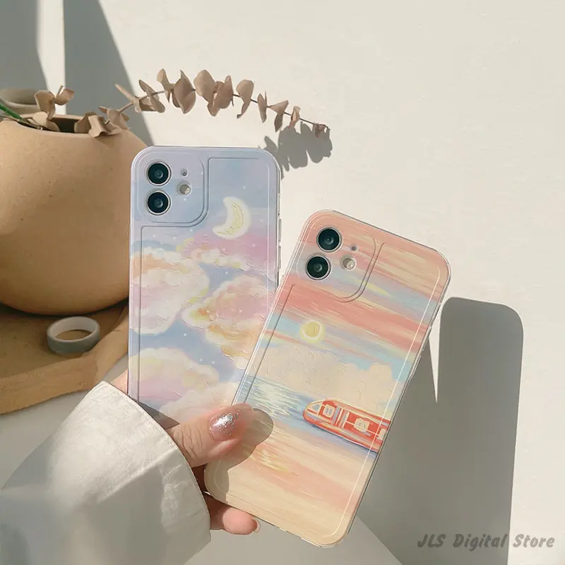 

Чехол с рисунком картины маслом для IPhone 14, 13, 12, 11 Pro Max Plus, чехол с рисунком заката, поезда, звездного неба, Мягкий противоударный защитный чехол для камеры телефона