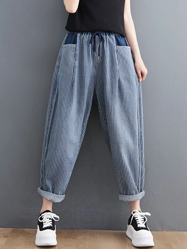 

Women Casual Jeans New Arrival 2022 Autumn Vintage Style Striped Streetwear All-match Loose Female Denim Harem Pants B2144