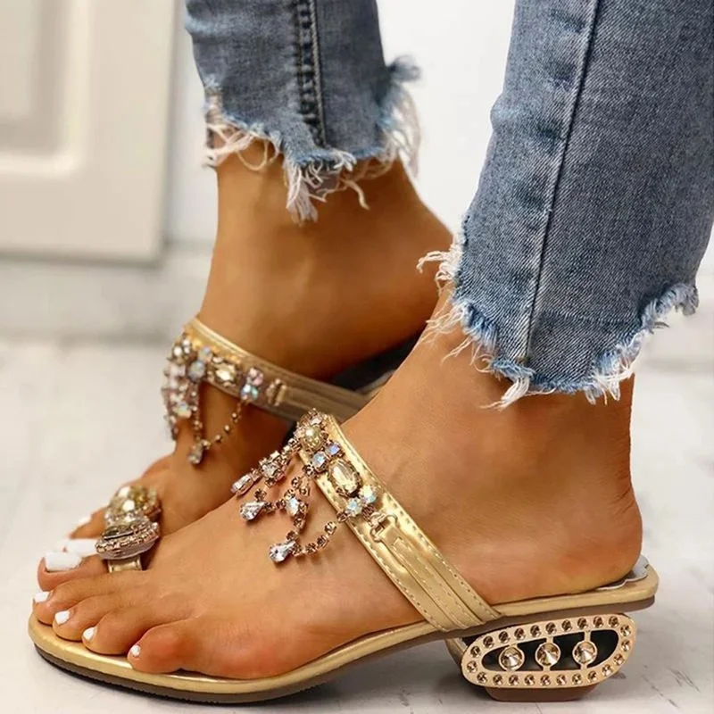 

New Sandals Women's Ladies Fashion Summer Crystal Outdoor Toe Ring Slippers Thick Heel Party Lightweight Comfort Shoes 2022 Top